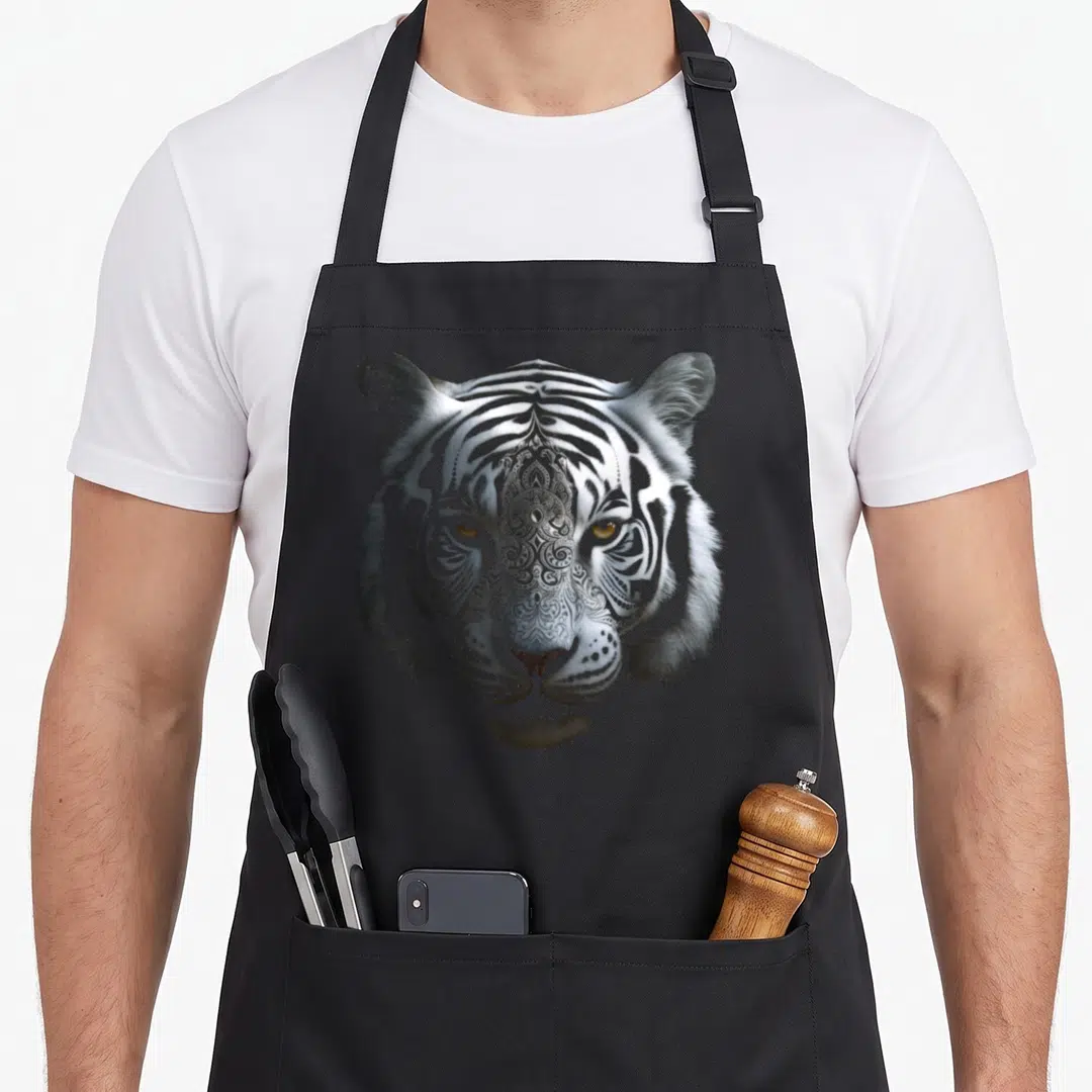 Artwork mandala animal apron - Realistic white tiger head with grey and black mandala patterns integrated — shown on a black cotton canvas apron against a white background