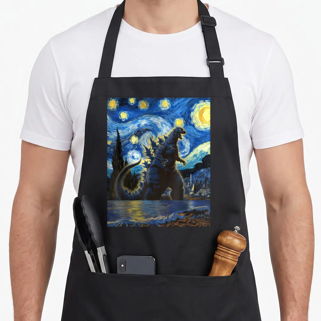 Monster van gogh apron - Realistic Godzilla facing right in swirling blue and yellow starry sky with cypress tree — shown on a black cotton canvas apron against a white background