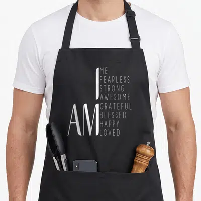 Fearless blessed apron - White typography stacking ME FEARLESS STRONG AWESOME GRATEFUL BLESSED HAPPY LOVED around large — shown on a black cotton canvas apron against a white background