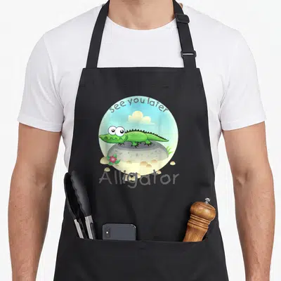 Alligator florida apron - Cartoon green alligator on grey rock inside blue circle with see you later text and pink — shown on a black cotton canvas apron against a white background