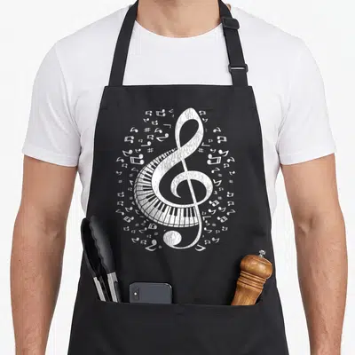 Musician pianist piano apron - White treble clef with piano keys and scattered musical notes in circular line art — shown on a black cotton canvas apron against a white background