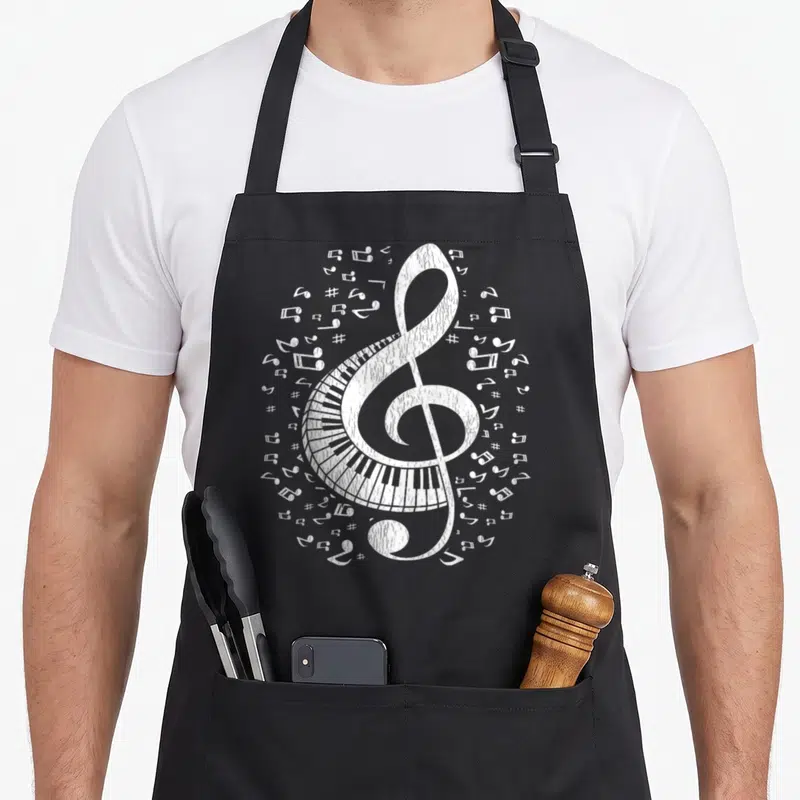 Musician pianist piano apron - White treble clef with piano keys and scattered musical notes in circular line art — shown on a black cotton canvas apron against a white background