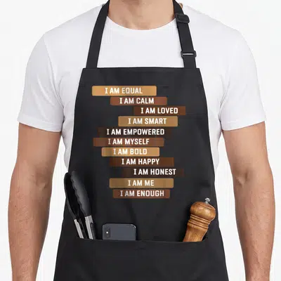 Melanin motivation apron - Stacked brown and tan bars with white I AM affirmation text — shown on a black cotton canvas apron against a white background