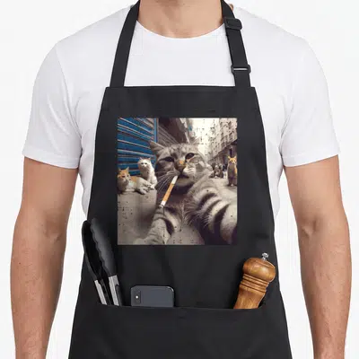 Gangster funny cat apron - Grey tabby cat selfie with cigarette and other cats in street setting — shown on a black cotton canvas apron against a white background