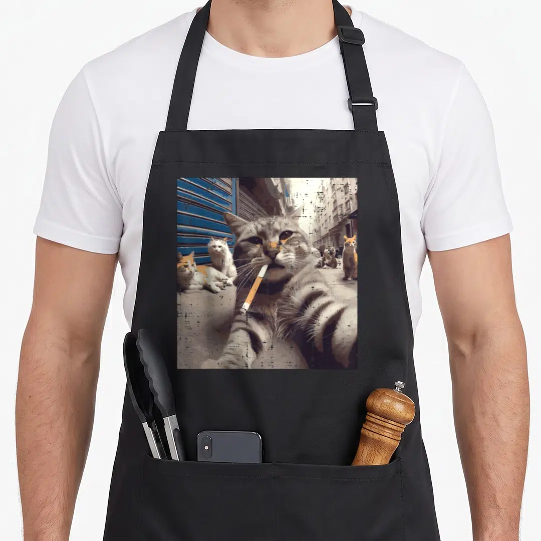 Gangster funny cat apron - Grey tabby cat selfie with cigarette and other cats in street setting — shown on a black cotton canvas apron against a white background