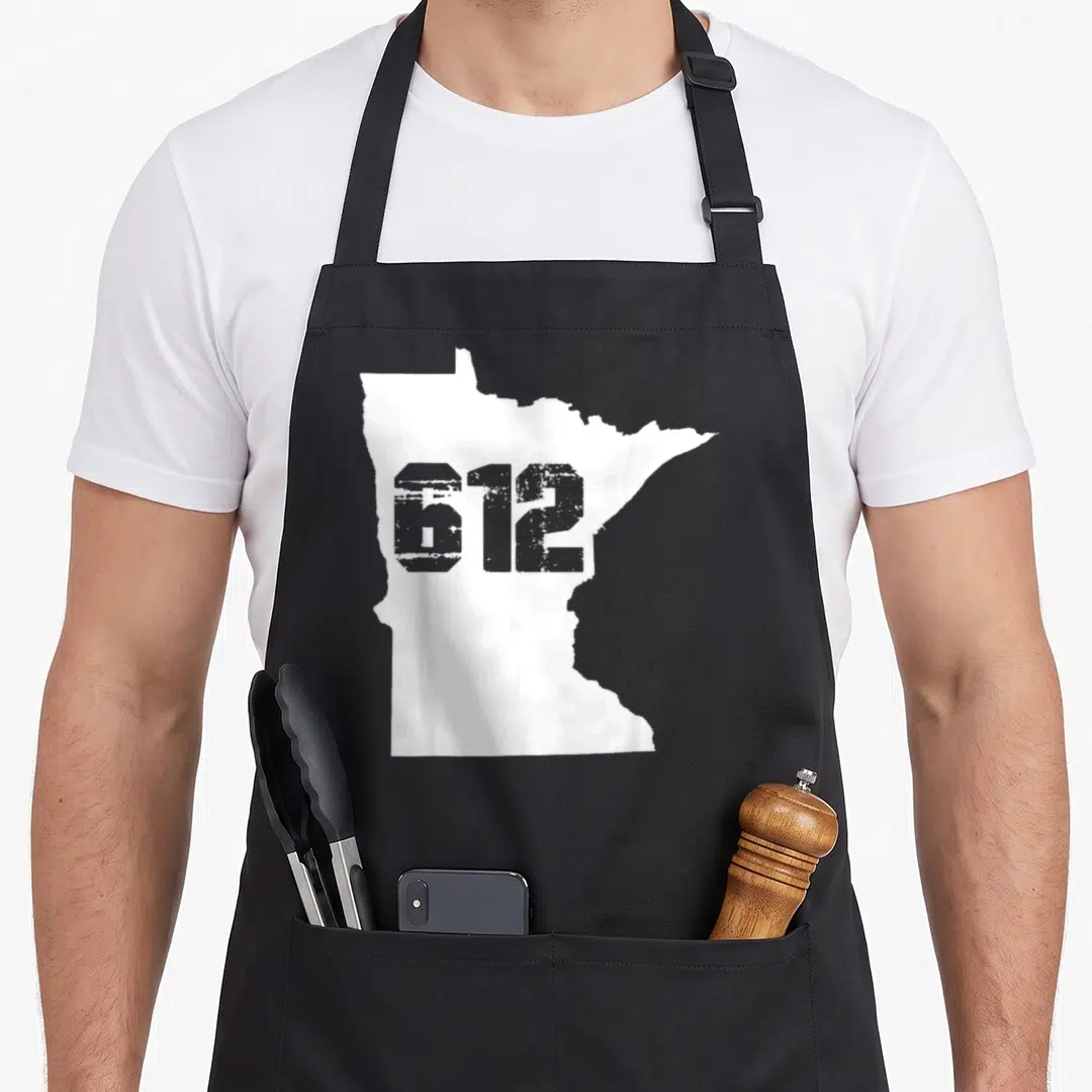 State minnesota aprons - White Minnesota map silhouette with distressed grey 612 number on black background — shown on a black cotton canvas apron against a white background