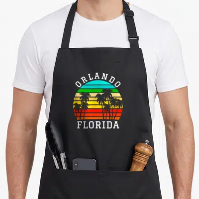 Orlando florida tree apron - Retro striped sunset with palm silhouettes and Orlando Florida text in cyan green yellow — shown on a black cotton canvas apron against a white background