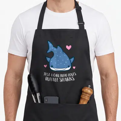 Funny whale shark apron - Cartoon blue whale shark with three pink hearts and white text below — shown on a black cotton canvas apron against a white background