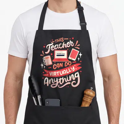 Anything class teacher apron - Laptop tablet book graphic with THIS Teacher ONLINE CLASS CAN DO VIRTUALLY Anything text — shown on a black cotton canvas apron against a white background