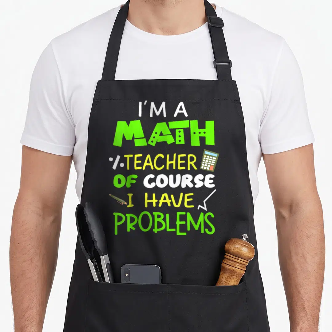 Course problem teacher apron - Stacked text with calculator, pencil, percent sign, square root in lime, green, yellow — shown on a black cotton canvas apron against a white background