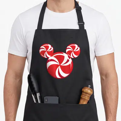 Christmas cotton candy apron - Three red and white peppermint candies arranged in a Mickey Mouse head silhouette — shown on a black cotton canvas apron against a white background