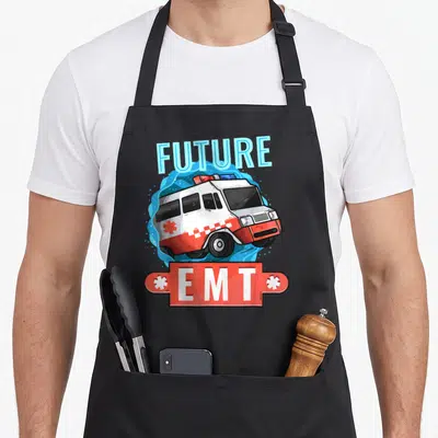 Emt future emergency apron - Cartoon ambulance with FUTURE EMT text on red banner and blue splash background — shown on a black cotton canvas apron against a white background