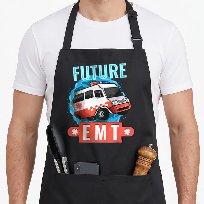 Emt future emergency apron - Cartoon ambulance with FUTURE EMT text on red banner and blue splash background — shown on a black cotton canvas apron against a white background