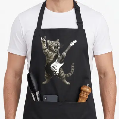 Rock roll cute cat apron - Realistic grey tabby cat standing holding black electric guitar and making rock hand gesture — shown on a black cotton canvas apron against a white background