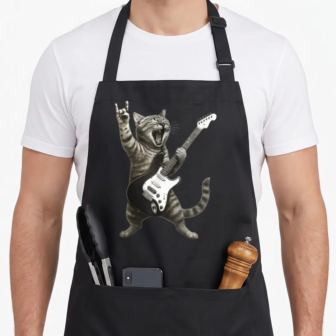 Rock roll cute cat apron - Realistic grey tabby cat standing holding black electric guitar and making rock hand gesture — shown on a black cotton canvas apron against a white background