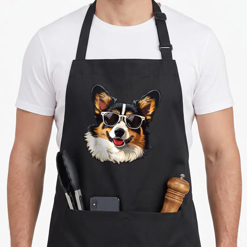 Cardigan welsh apron - Cartoon corgi portrait wearing white sunglasses in orange, white, and black fur colors — shown on a black cotton canvas apron against a white background