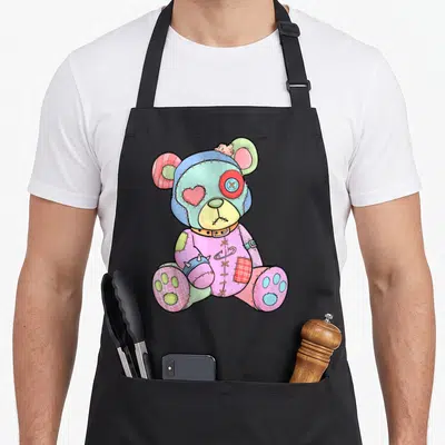 Pastel teddy bear apron - Patchwork teddy bear with heart eye, button eye, and spiked collar in pastel colors — shown on a black cotton canvas apron against a white background