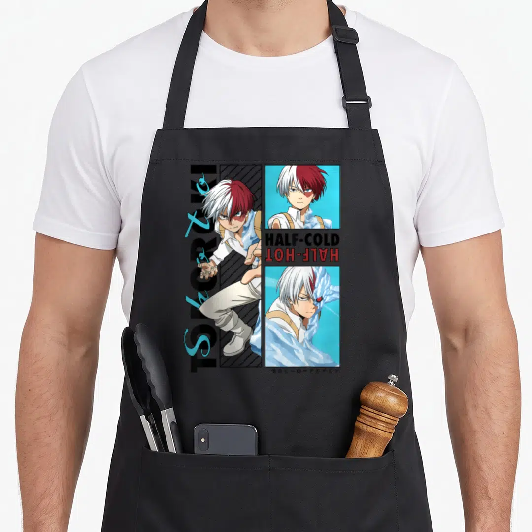 Todoroki anime apron - Shoto Todoroki full body and portraits with HALF-COLD HALF-HOT text — shown on a black cotton canvas apron against a white background