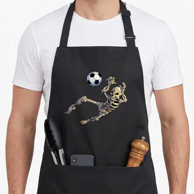 Goalkeeper halloween apron - Cartoon skeleton reaching for soccer ball in beige white and black — shown on a black cotton canvas apron against a white background