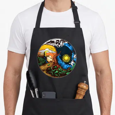 Yin mother's apron - Circular art of tree splitting moon mountains and sun blue wave cartoon — shown on a black cotton canvas apron against a white background