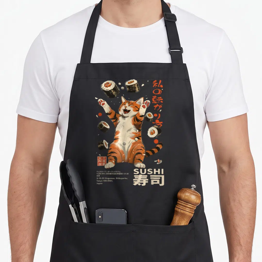 Sushi japanese cat apron - Orange and white cat rolling among sushi rolls with Japanese text and Tokyo address details — shown on a black cotton canvas apron against a white background