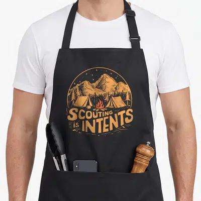 Scouting intent camping apron - Retro circular campsite illustration with orange mountains and red campfire above bold — shown on a black cotton canvas apron against a white background
