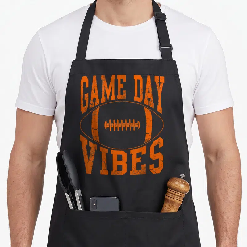 Distressed football apron - Orange distressed GAME DAY VIBES text arched over a football outline — shown on a black cotton canvas apron against a white background
