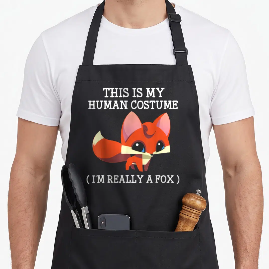 Halloween fox print apron - Cartoon fox with text THIS IS MY HUMAN COSTUME I'M REALLY A FOX in orange and white — shown on a black cotton canvas apron against a white background