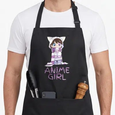 Anime kitty kawaii cooking apron - Anime girl in cat-eared hoodie with striped scarf and purple ANIME GIRL text — shown on a black cotton canvas apron against a white background