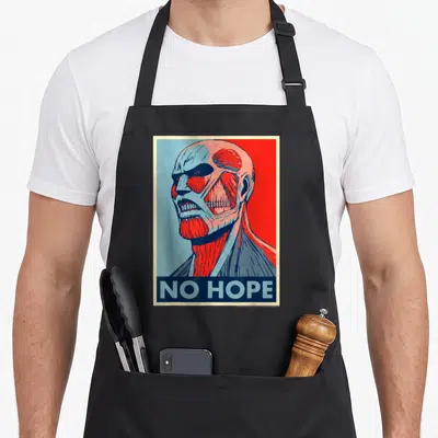 Colossus anime apron - Retro man with exposed red and blue muscle anatomy above NO HOPE text block — shown on a black cotton canvas apron against a white background