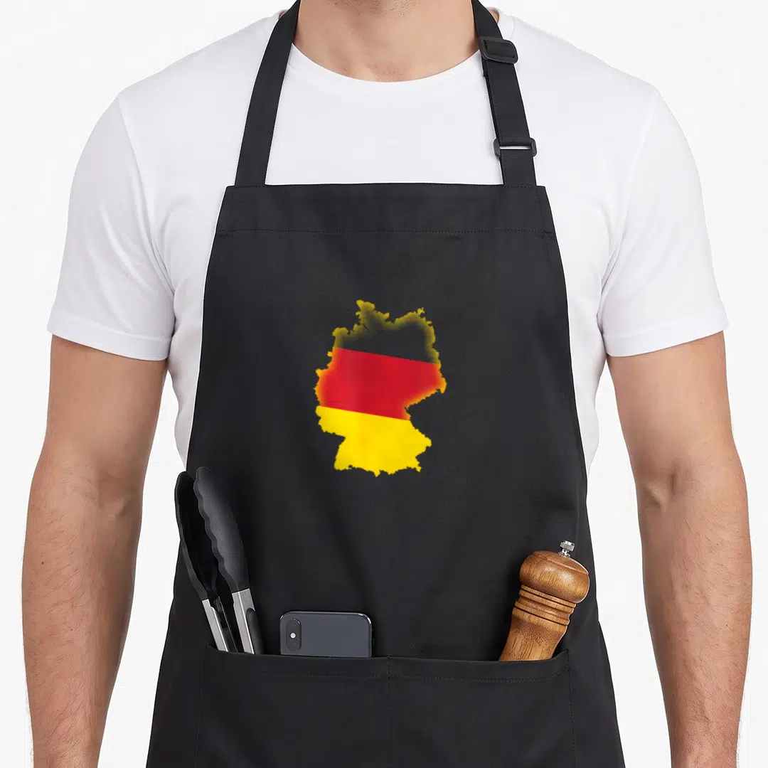 Fill german apron - Map of Germany silhouette filled with black red and yellow flag colors — shown on a black cotton canvas apron against a white background