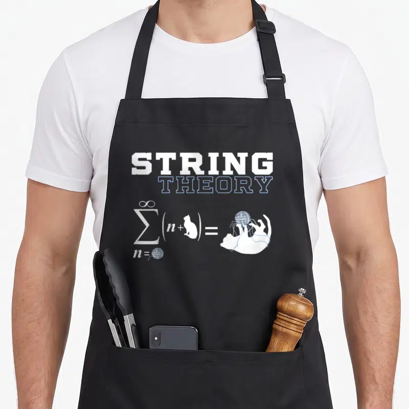 Yarn cat apron - String Theory equation with white cat and blue yarn ball replacing math variables — shown on a black cotton canvas apron against a white background