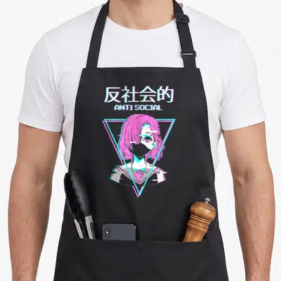 Antisocial anime apron - Neon pink and cyan anime girl inside inverted triangle with anti social text — shown on a black cotton canvas apron against a white background
