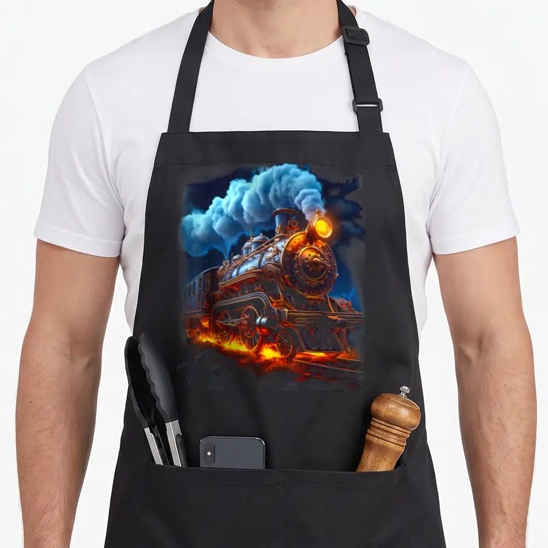 Engine train steam locomotive apron - Realistic steam locomotive with blue smoke and orange fire glowing on tracks — shown on a black cotton canvas apron against a white background