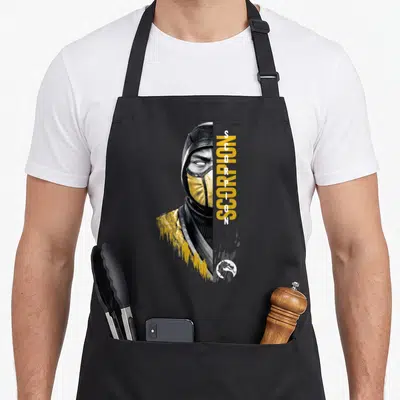 Scorpion split apron - Realistic Scorpion portrait split with vertical SCORPION text in grey yellow and white — shown on a black cotton canvas apron against a white background