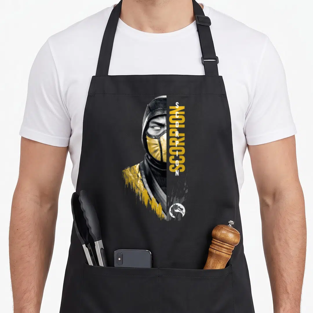 Scorpion split apron - Realistic Scorpion portrait split with vertical SCORPION text in grey yellow and white — shown on a black cotton canvas apron against a white background