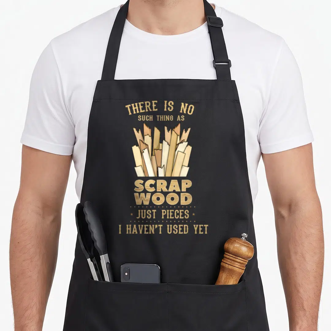 Scrap woodworking apron - Typography design with stacked tan and brown wood fragments and text about unused pieces — shown on a black cotton canvas apron against a white background