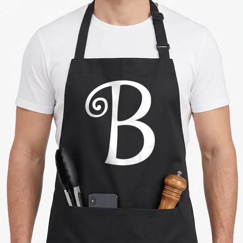Letter brittany apron - White serif letter B with decorative swirl on black bib apron — shown on a black cotton canvas apron against a white background
