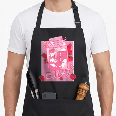 Japanese milk aprons - Pink milk carton with straw, smiling strawberries, stars, and Japanese text on polka dot — shown on a black cotton canvas apron against a white background