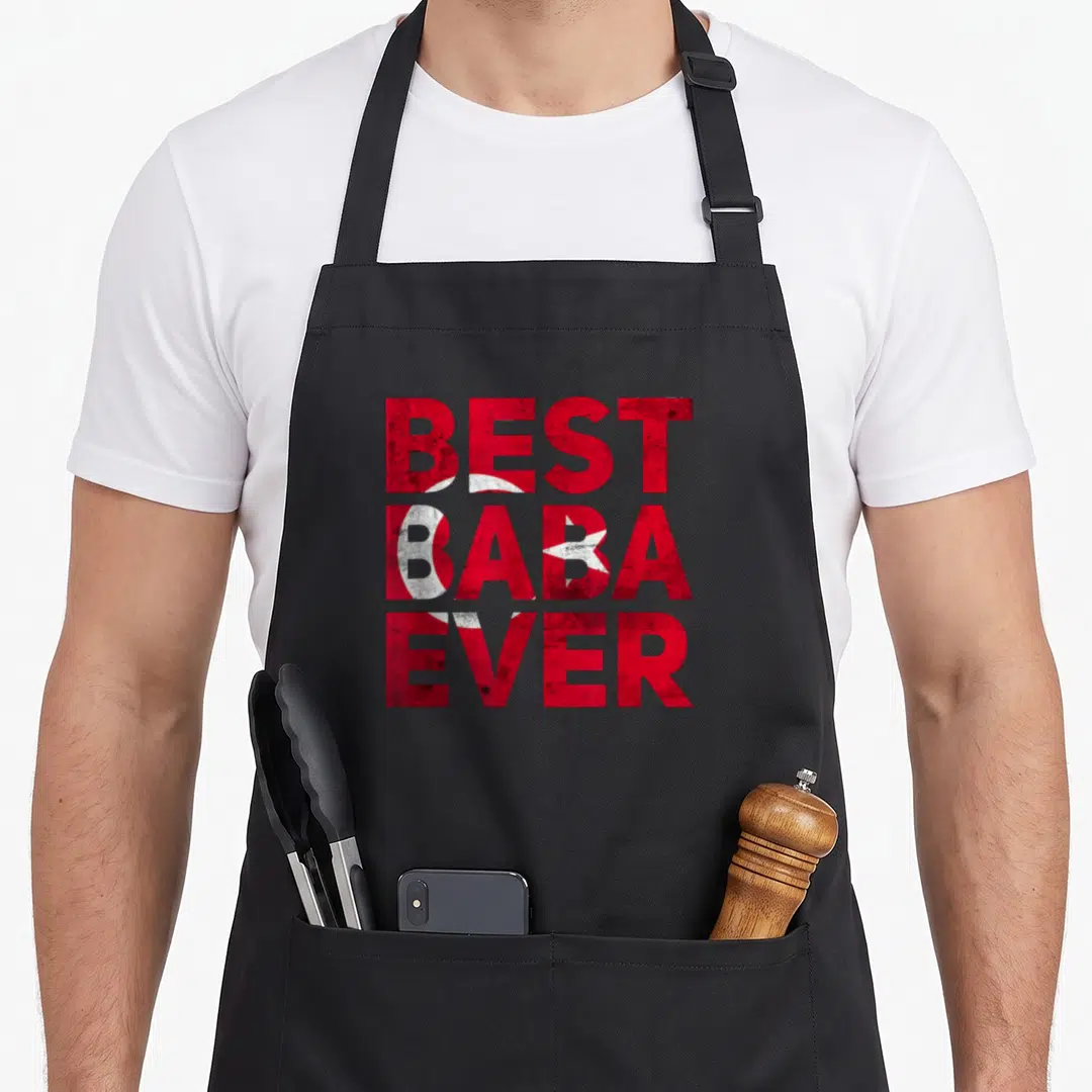 Baba turkish apron - Red and white distressed text reading BEST BABA EVER with crescent and star embedded in letters — shown on a black cotton canvas apron against a white background