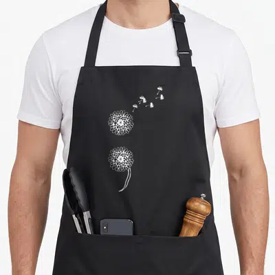 Semicolon anxiety awareness apron - Two white dandelions stacked vertically forming a semicolon with seeds drifting — shown on a black cotton canvas apron against a white background
