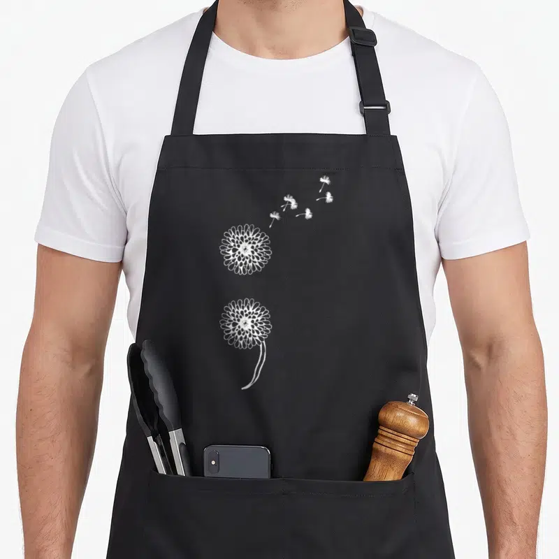 Semicolon anxiety awareness apron - Two white dandelions stacked vertically forming a semicolon with seeds drifting — shown on a black cotton canvas apron against a white background