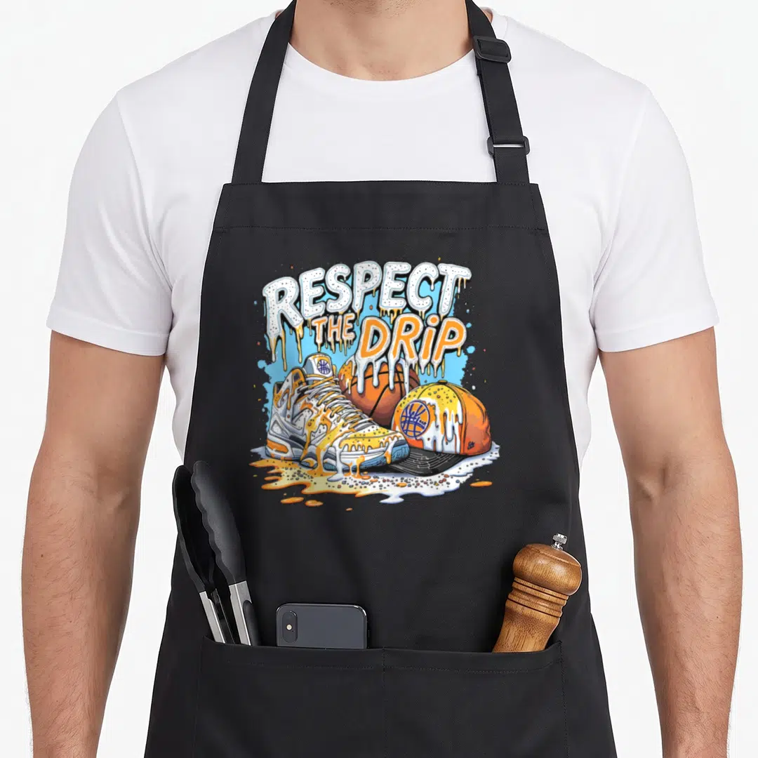 Respect ice cream apron - Dripping text over sneaker basketball and cap in white orange yellow blue cartoon style — shown on a black cotton canvas apron against a white background