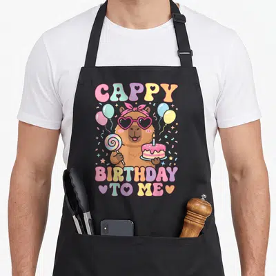Vintage capybara birthday apron - Cartoon brown capybara holding lollipop and cake with CAPPY BIRTHDAY TO ME text — shown on a black cotton canvas apron against a white background