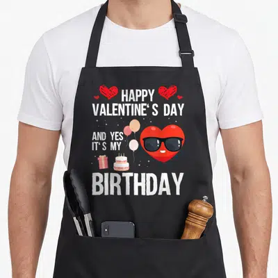 Birthday valentine's day apron - Heart wearing sunglasses with Happy Valentine's Day and Yes It's My Birthday text — shown on a black cotton canvas apron against a white background