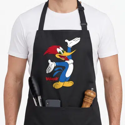 Portrait full body apron - Cartoon woodpecker with red crest blue body and white gloves standing next to red text — shown on a black cotton canvas apron against a white background