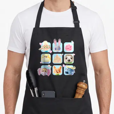 Funny candy friends apron - Nine cartoon animal faces in blue squares with pink hearts and yellow stars — shown on a black cotton canvas apron against a white background