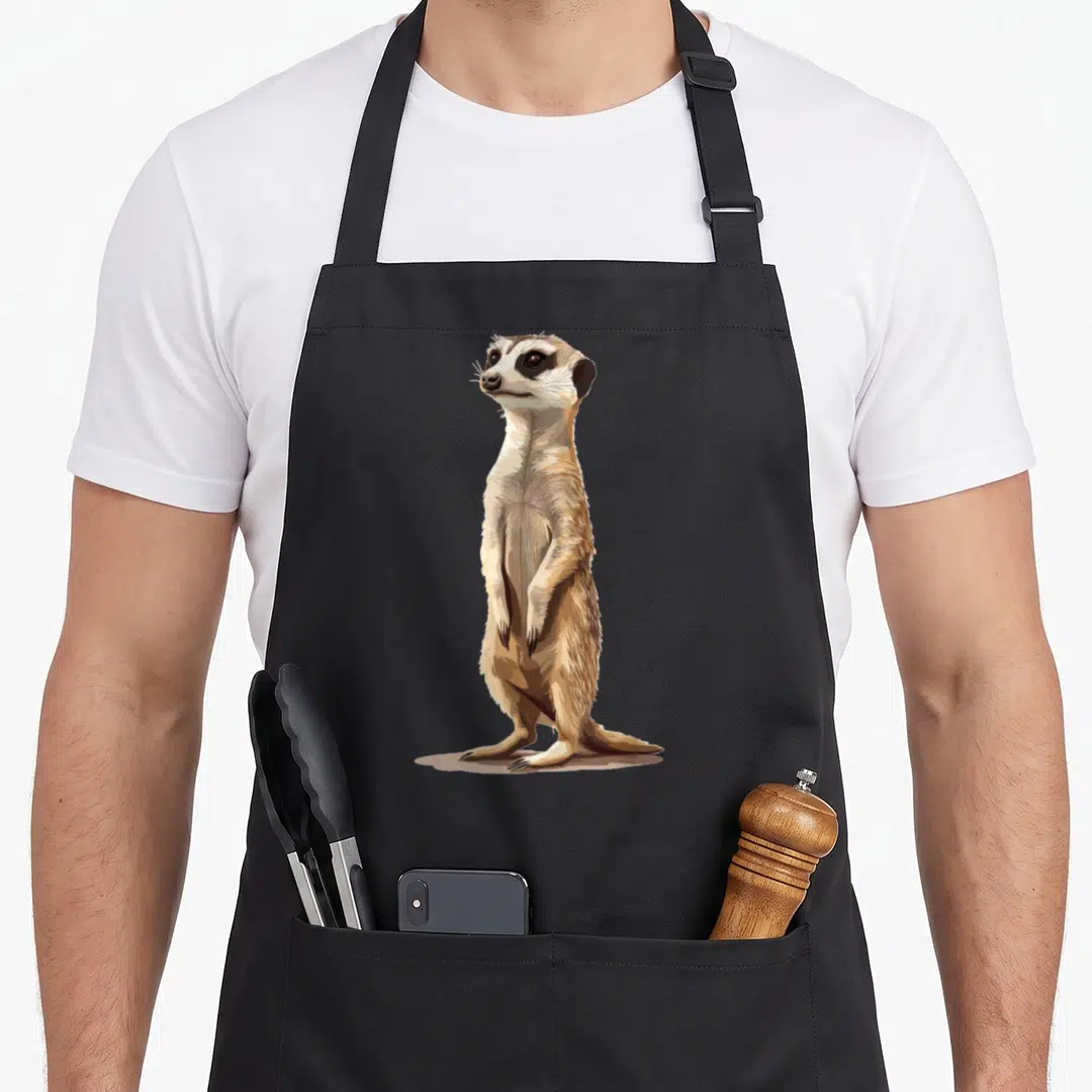 Cute animal meerkat apron - Realistic illustration of a standing meerkat in tan and brown colors — shown on a black cotton canvas apron against a white background