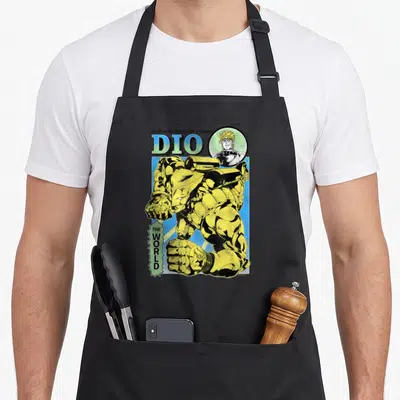 Dio parts of an apron - Yellow The World stand, DIO text, circular portrait, blue background — shown on a black cotton canvas apron against a white background