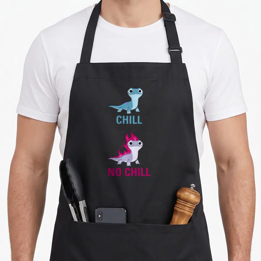 Chill frozen apron - Two salamanders, blue and purple on fire, with CHILL and NO CHILL text — shown on a black cotton canvas apron against a white background